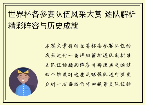 世界杯各参赛队伍风采大赏 逐队解析精彩阵容与历史成就