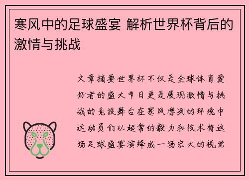 寒风中的足球盛宴 解析世界杯背后的激情与挑战